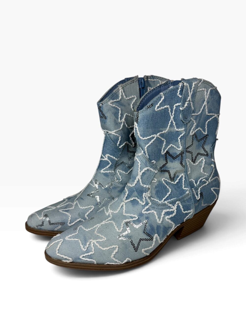 NO BOUNDARIES Boots Size 8 Denim Stars Embroidery Sequins Festival